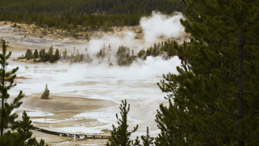 Cinematic shot of Norris Geyser Basin in Yellowstone National Park, USA