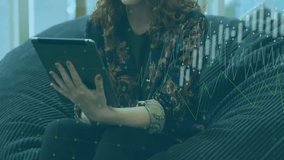 Analyzing financial data animation over woman using tablet in office. Finance, data analysis, technology, business - Powered by Shutterstock - Get 15% off with code: PIKWIZARD15