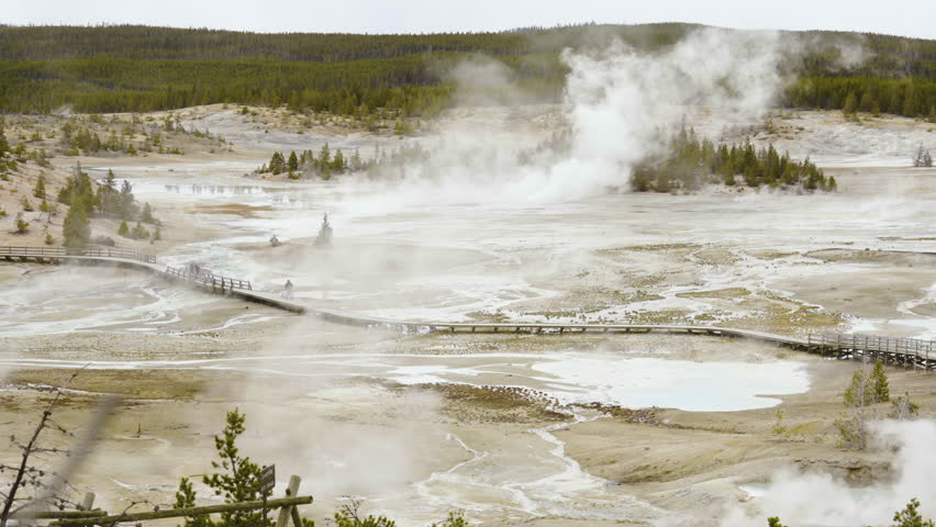 Cinematic shot of Norris Geyser Basin in Yellowstone National Park, USA