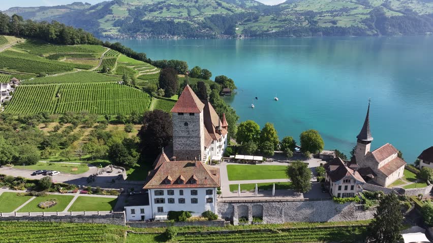 Aerial - Spiez Castle by Lake Thun with vineyards and mountains in Switzerland