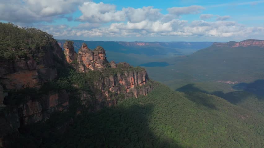 Three Sisters Blue Mountains drone aerial Katoomba Sydney NSW Australia Echo Point Lookout cliff walk World Heritage National Park Gum Tree Eucalyptus Forest bluesky sunny day clouds upwards motion