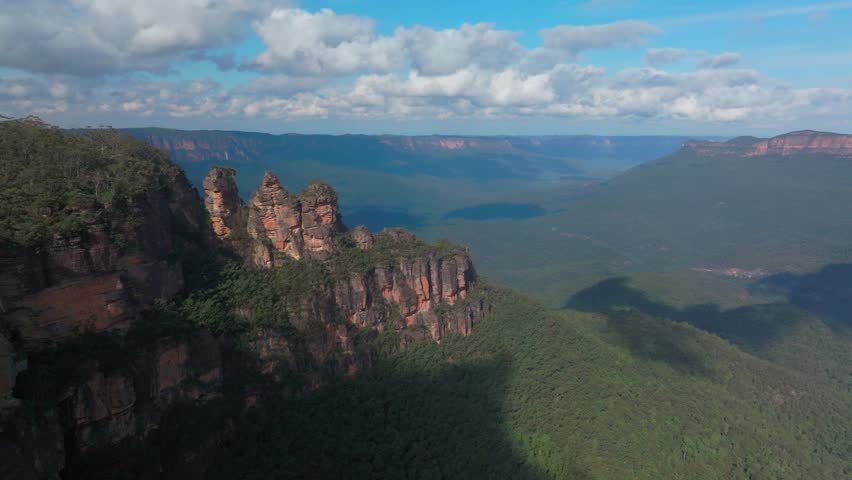 Three Sisters Blue Mountains drone aerial Katoomba Sydney NSW Australia Echo Point Lookout cliff walk World Heritage National Park Gum Tree Eucalyptus Forest bluesky sunny day clouds upwards motion