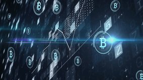 Bitcoin symbols and financial data processing animation over digital background. Cryptocurrency, blockchain, finance, technology - Powered by Shutterstock - Get 15% off with code: PIKWIZARD15