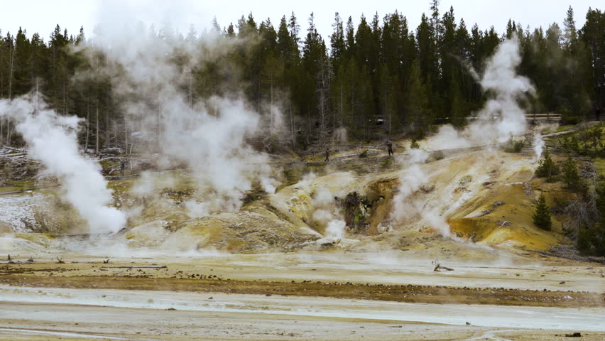 Cinematic shot of Norris Geyser Basin in Yellowstone National Park, USA