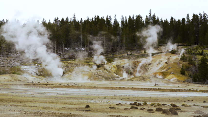 Cinematic shot of Norris Geyser Basin in Yellowstone National Park, USA