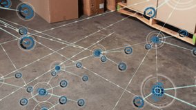 Network connections and data processing animation over stacked cardboard boxes on pallet. Logistics, technology, warehouse, transportation, supply chain, digital - Powered by Shutterstock - Get 15% off with code: PIKWIZARD15