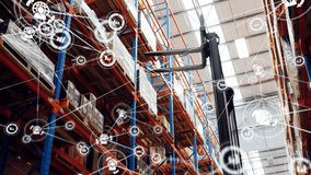 Forklift moving pallets in warehouse, logistics network animation over shelves. storage, distribution, supply chain, transportation, industrial, inventory - Powered by Shutterstock - Get 15% off with code: PIKWIZARD15