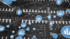Financial data charts and graphs animation over black background with blue icons. Finance, technology, digital, analytics, business - Powered by Shutterstock - Get 15% off with code: PIKWIZARD15