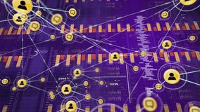 Data analysis animation with graphs and user icons connected by lines on purple background. Analytics, visualization, charts, statistics, networking, technology - Powered by Shutterstock - Get 15% off with code: PIKWIZARD15