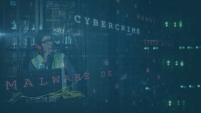 Cybersecurity terms animation over worker using laptop in industrial setting. technology, industry, digital, data, protection, networking - Powered by Shutterstock - Get 15% off with code: PIKWIZARD15
