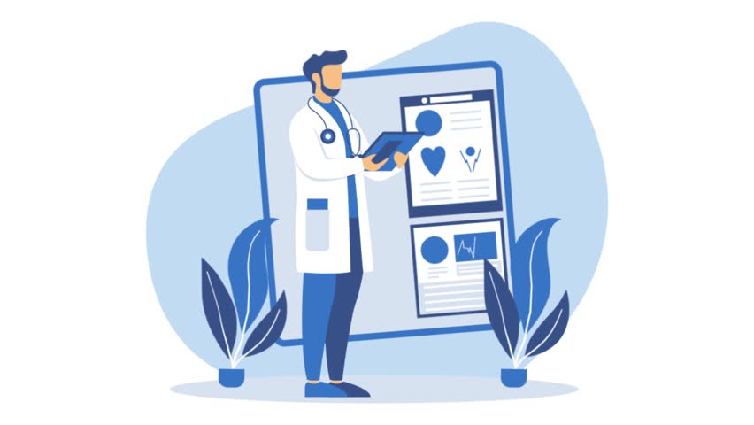 Footage of Male Doctor Analyzing Heartbeat Data with Infographic on Screen