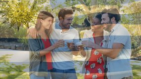 Toasting drinks outdoors, friends celebrating with Uruguay flag animation. Celebration, festive, group - Powered by Shutterstock - Get 15% off with code: PIKWIZARD15