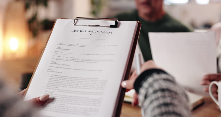 Lawyer, hands and documents with senior couple for last will and testament application form and personal information. Legal paperwork, attorney and elderly people with contract for asset management