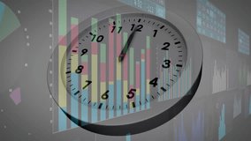 Clock animation overlaying financial data charts and graphs in motion. Finance, analytics, time, statistics, investment, business - Powered by Shutterstock - Get 15% off with code: PIKWIZARD15