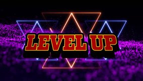 Level up text animation over neon geometric shapes and purple particles. Gaming, digital, futuristic, graphics, vibrant, technology - Powered by Shutterstock - Get 15% off with code: PIKWIZARD15