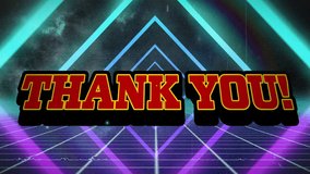 Thank You! text animation over neon geometric shapes and grid background. Gratitude, appreciation, colorful, retro, digital, vibrant - Powered by Shutterstock - Get 15% off with code: PIKWIZARD15