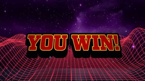 You win! text animation over retro grid and starry night sky background. neon, digital, victory, 80s, futuristic, winning - Powered by Shutterstock - Get 15% off with code: PIKWIZARD15