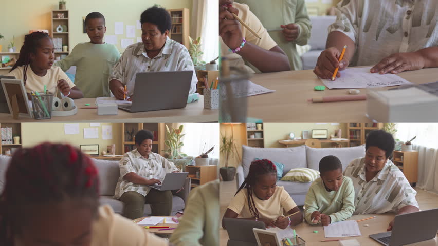 Split Screen of African American grandmother and her two tween grandchildren sitting at desk in living room studying and doing home assignment together
