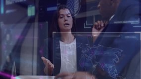 Discussing global data processing, businesswoman with world map and digital interface. Technology, innovation, globalization, analytics, networking, connectivity - Powered by Shutterstock - Get 15% off with code: PIKWIZARD15