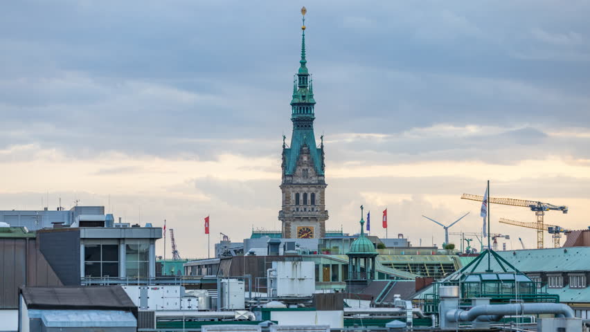 Hamburg skyline aerial view, hamburg town hall city hall panorama germany time lapse from day to night, cityscape hamburg germany night.