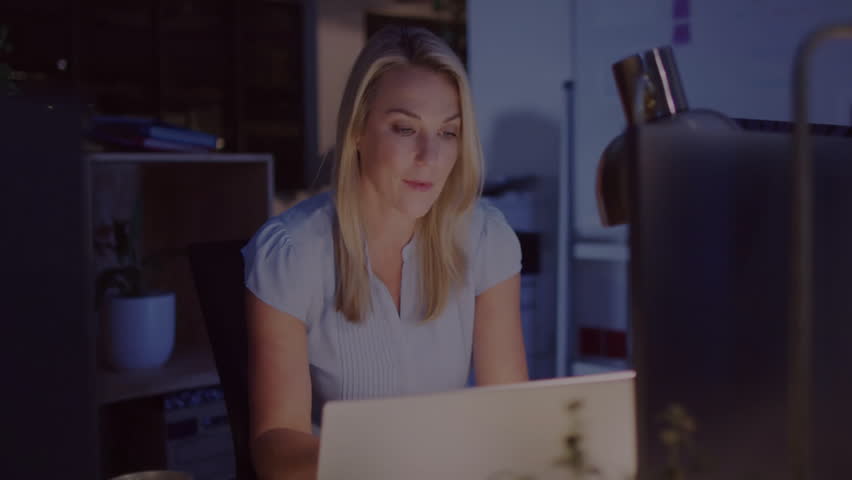 Processing data animation over woman working on laptop in office. Technology, business, analytics, virtual, digital, workstation