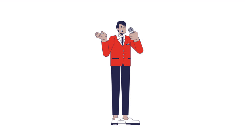 Indian male presenter speaking into microphone 2D character animation. Presentable TV host gesturing cartoon 4K video, alpha channel. Talking anchorman holding mic animated person on white background
