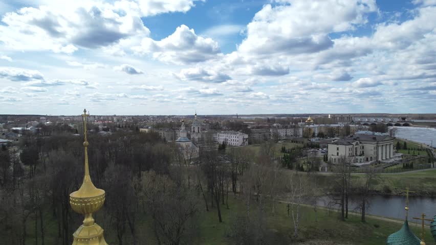 Aerial view Uglich city and Uglich Kremlin, the main attraction of the city. Point of interest High quality 4k footage