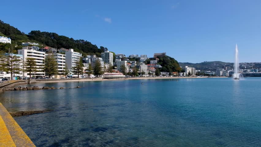 Scenic view of Oriental Bay with waterfront apartments and houses overlooking beach and ocean in capital city of Wellington, New Zealand Aotearoa