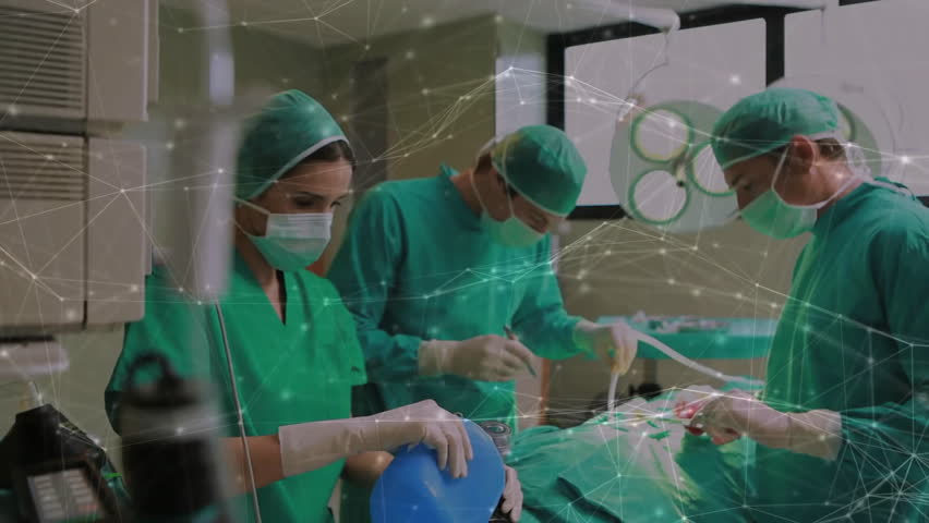 Medical team performing surgery with network connections animation over scene. Healthcare, technology, innovation, teamwork, digital, futuristic - Powered by Shutterstock - Get 15% off with code: PIKWIZARD15