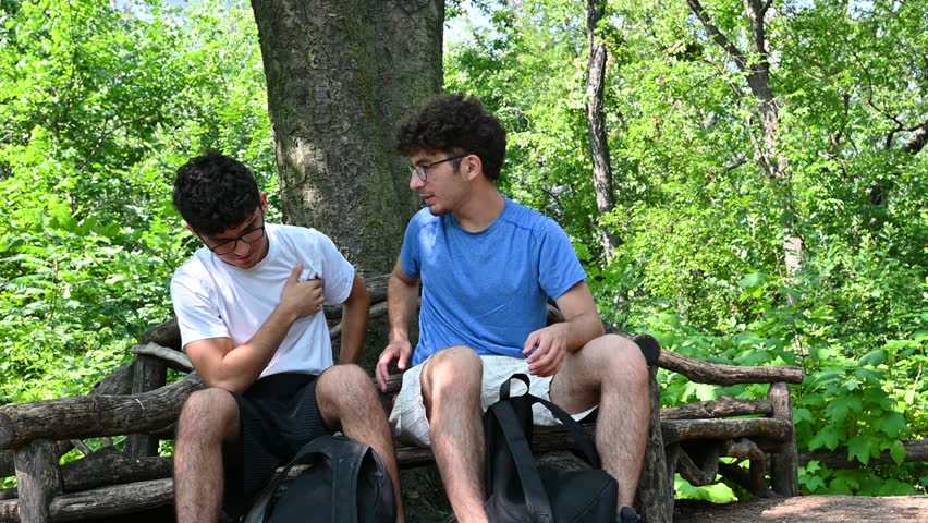 Cute video of two young Caucasians taking a break on a wooden bench in Central Park, New York, USA. They are gesturing and talking to each other. Friendship and relaxation in nature.