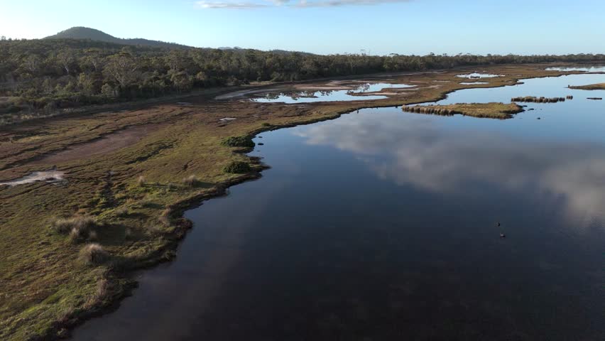 4K60 Epic Drone View of Beautiful Rural Saltmarch, Moulting Lagoon in Tasmania