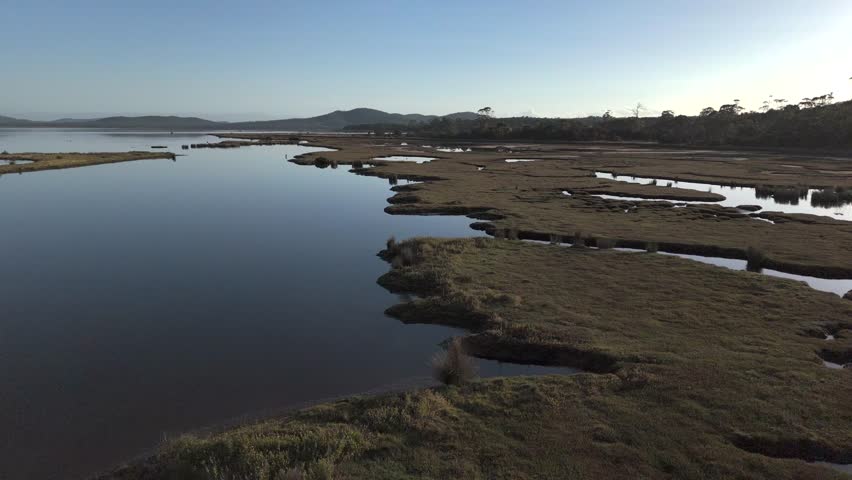 4K60 Low Flight Drone View of Moulting Lagoon in Tasmania Australia