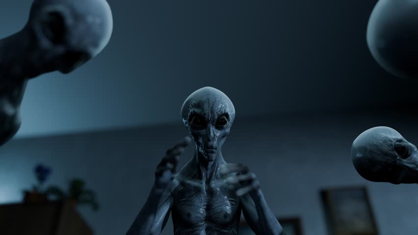 POV shot of someone surrounded by a group of grey Aliens in bedroom | Home Invasion by Aliens 01
