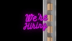 Animation of we're hiring neon text and conveyor belt over black background. Online employment, digital interface, communication, computing and data processing concept digitally generated video. - Powered by Shutterstock - Get 15% off with code: PIKWIZARD15