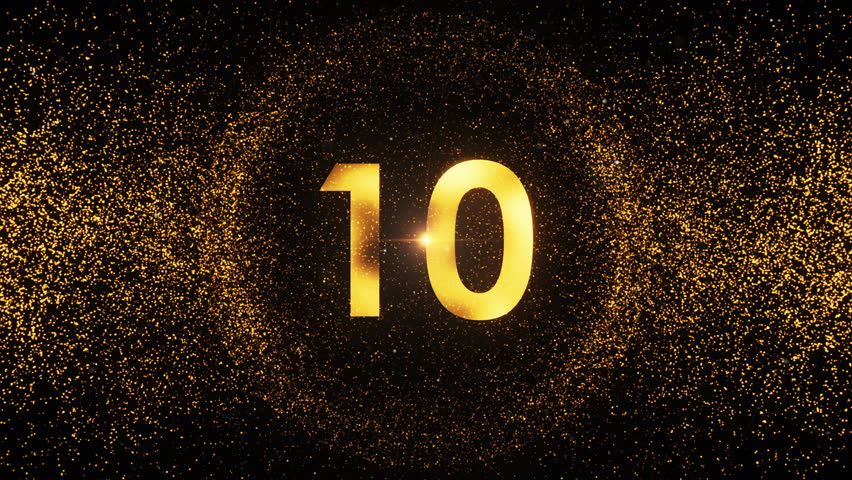 Ten Seconds Countdown from Number 10 to 0 with gold particles animation Effect cinematic title background . 4K 3D for show openers, sporting events, title trailer, social media, New Year Eve.