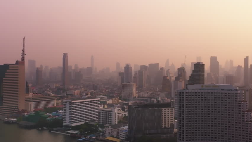 Save the planet CO2 gas emission global social issues. Aerial urban town bad sky view smoke stack crisis traffic car on highway street road danger toxic, heat haze. Earth day dirty PM 2.5 dust index.
