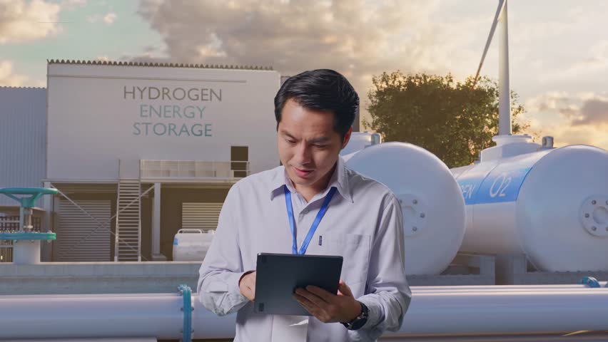 Asian Male Professional Worker Standing With His Tablet At Green Hydrogen factory, High-tech Industrial Facility, He Raises His Fist Up With Screaming Goal