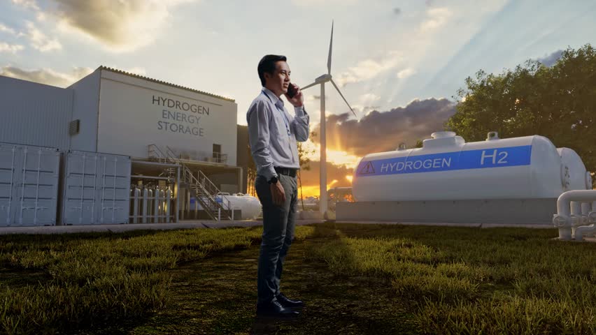 Full Body Side View Of An Asian Male Professional Worker Standing At Green Hydrogen factory, High-tech Industrial Facility, He Is Speaking With Someone In The Phone And Moving His Left Hand