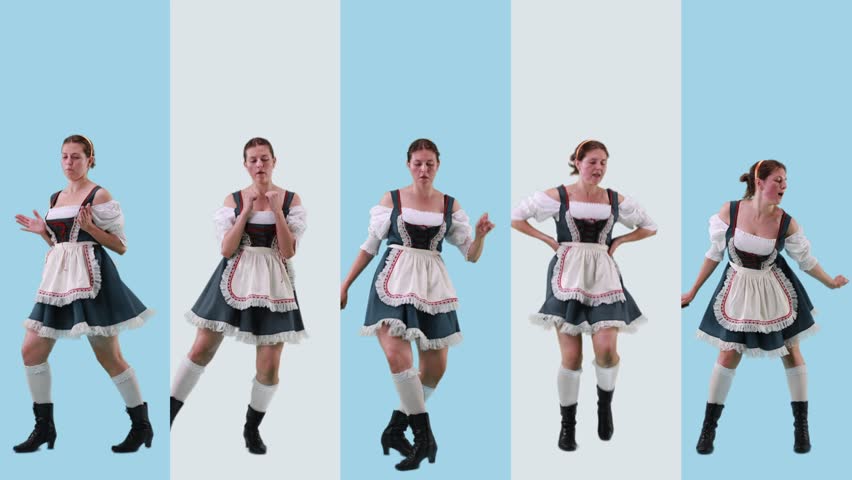 Collage. Young woman wearing traditional Bavarian clothes dynamically dancing against white and blue background. Concept of Oktoberfest, traditions, beer festival, celebration