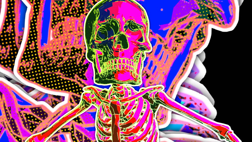 Seamless animation of a zombie walking skeleton with echo effect. Halloween background with cartoon illustration effect