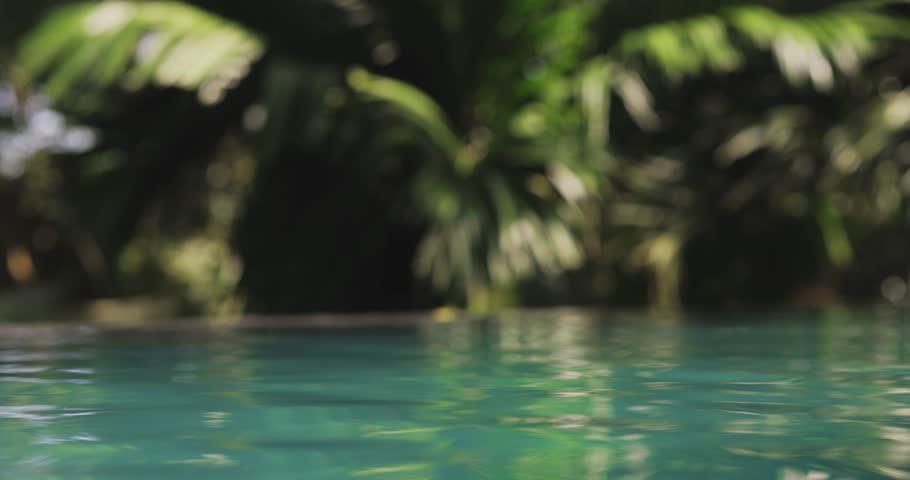Close-up view of a serene tropical pool with lush greenery in the background. Perfect for concepts of relaxation, exotic getaways, luxury travel, nature, and tranquil summer vacations.