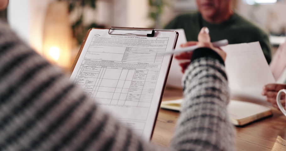 Social worker, hands and paperwork with senior couple for retirement home application form and personal information. Legal documents, professional or elderly people with agreement for assisted living