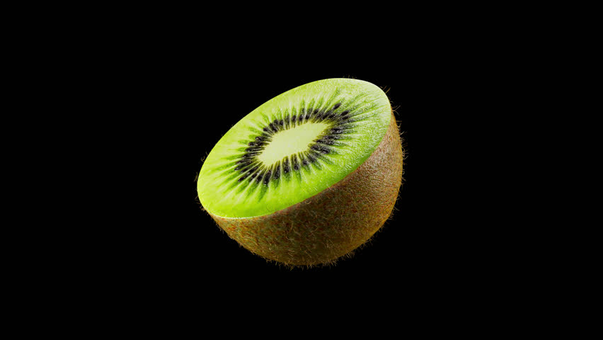 3D animation of a kiwi rotating around its axis. Kiwi slowly rotates 360 degrees. File contains Alpha Channel.