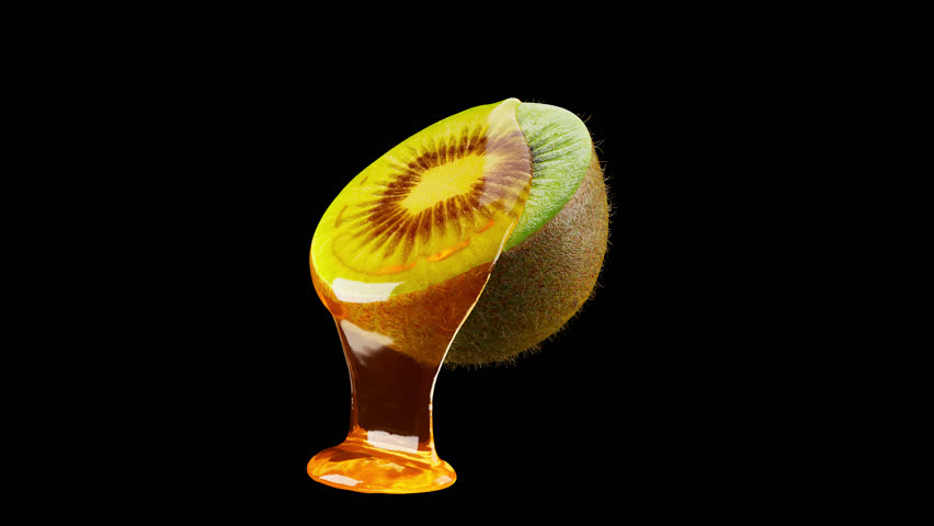 A looping rotation of a kiwi covered in honey. Kiwi slowly rotates 360 degrees. File contains Alpha Channel.