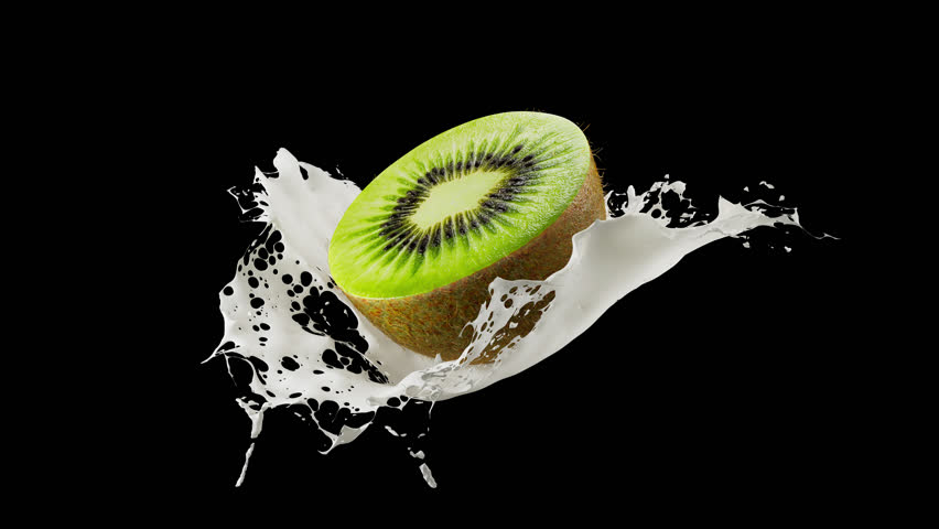A looping rotation of kiwi in a splash of milk. Slow cyclic rotation and movement around kiwi and milk. File contains Alpha Channel.
