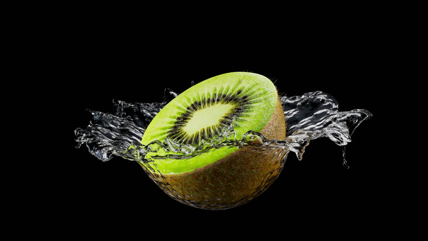 A looping rotation of kiwi in a splash of water. Slow cyclic rotation and movement around kiwi and water. File contains Alpha Channel.