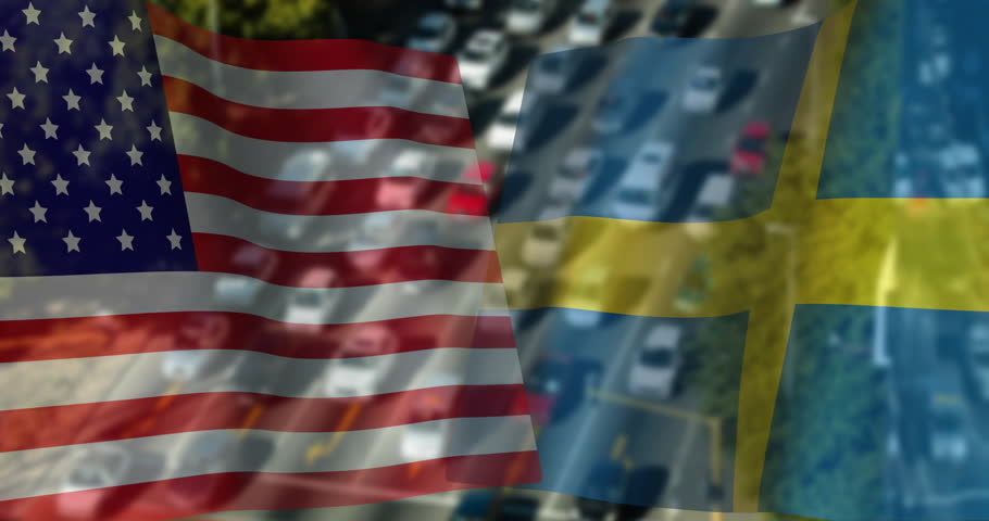 Animating American and Swedish flags over busy traffic scene. animation, cityscape, urban, patriotic, movement, international