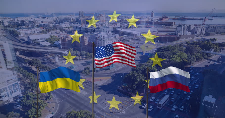 Flags of Ukraine, USA, and Russia with EU stars animation over cityscape. international, diplomacy, politics, skyline, countries