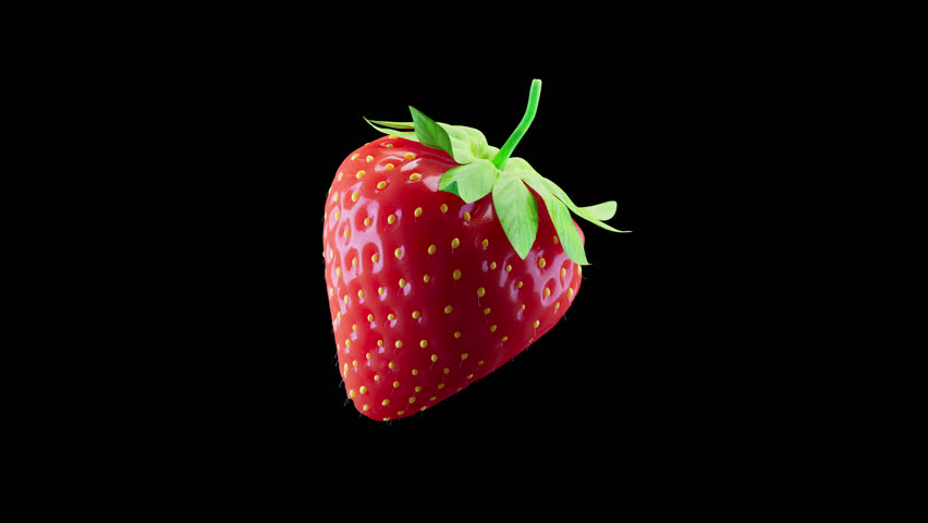 3D animation of a strawberry rotating around its axis. Strawberry slowly rotates 360 degrees. File contains Alpha Channel. 3D Illustration