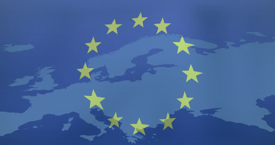 European Union stars animation over map of Europe with target circles. political